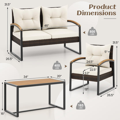 Juego de conversación de patio de 4 piezas con reposabrazos y tablero de mesa de madera de acacia y cojines - Blanco