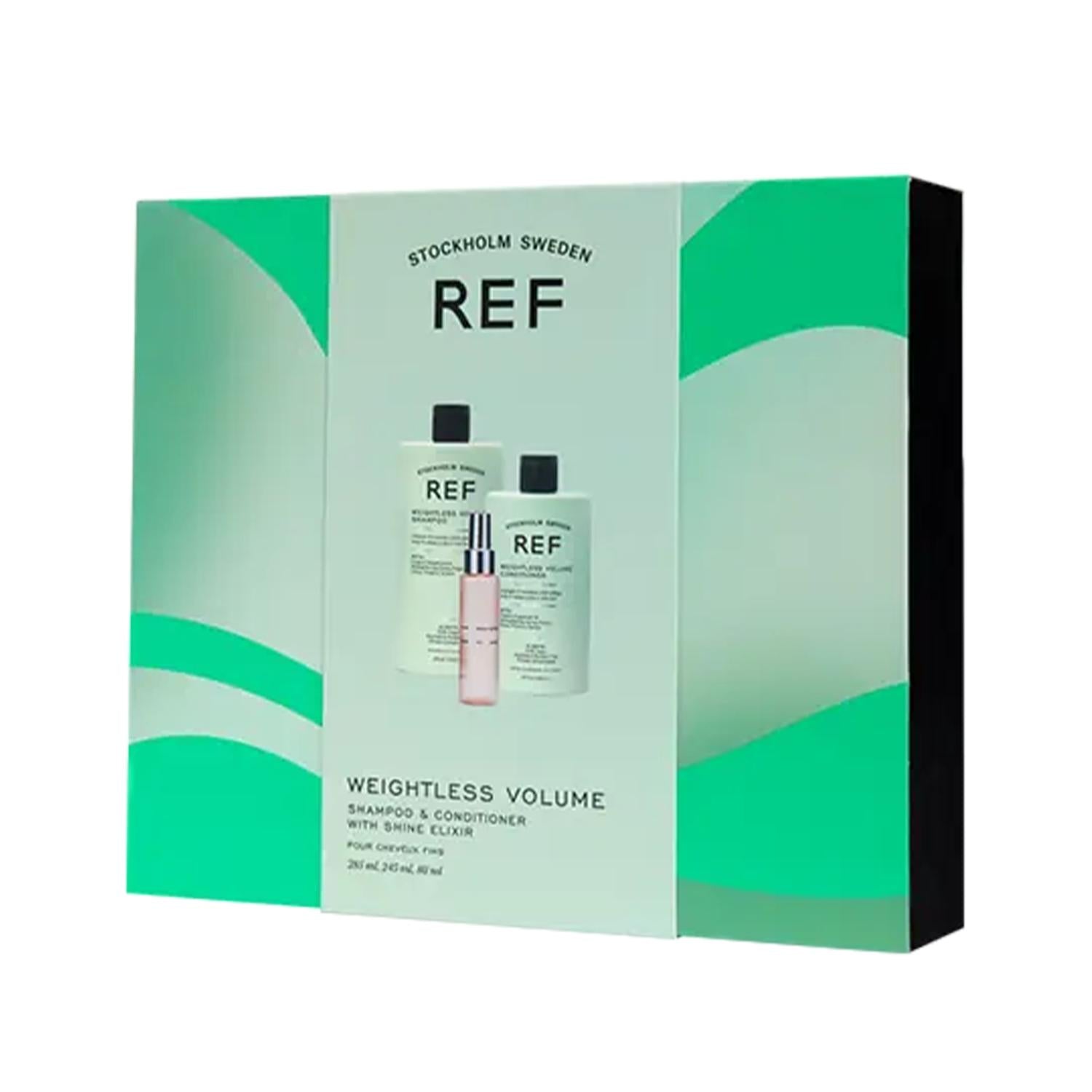 REF Weightless Volume hair care set with two white bottles and a pink spray bottle in a box on Tampa Home & Garden Store