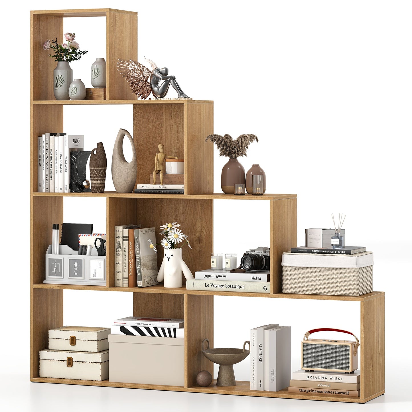 4-Tier Bookshelf Stair Bookcase with 6 Cubes Display Rack-Natural