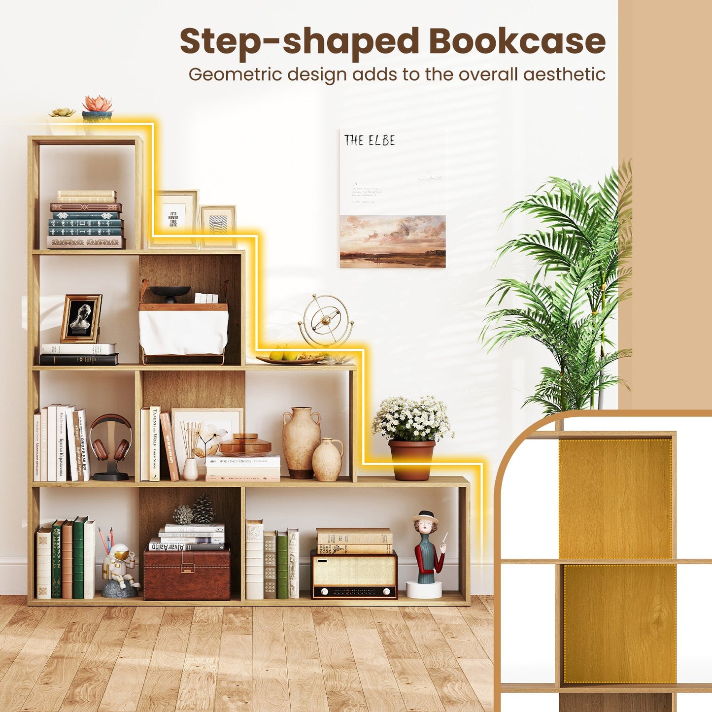 4-Tier Bookshelf Stair Bookcase with 6 Cubes Display Rack-Natural