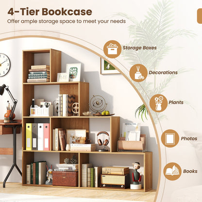 4-Tier Bookshelf Stair Bookcase with 6 Cubes Display Rack-Natural
