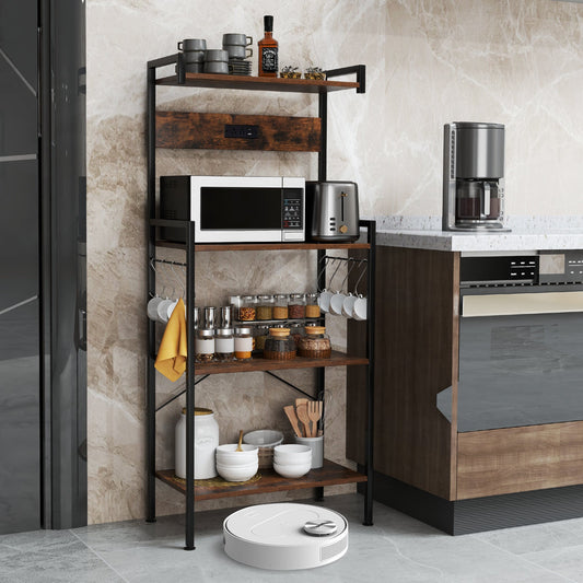 4-Tier Kitchen Bakers Rack with Power Outlet and 8 Hooks-Rustic Brown