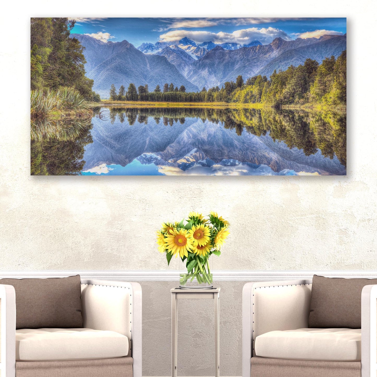 Mirror Lake Lake Matheson canvas wall art by Tailored Canvases, tranquil mountain lake landscape on canvas on Tampa Home & Garden Store