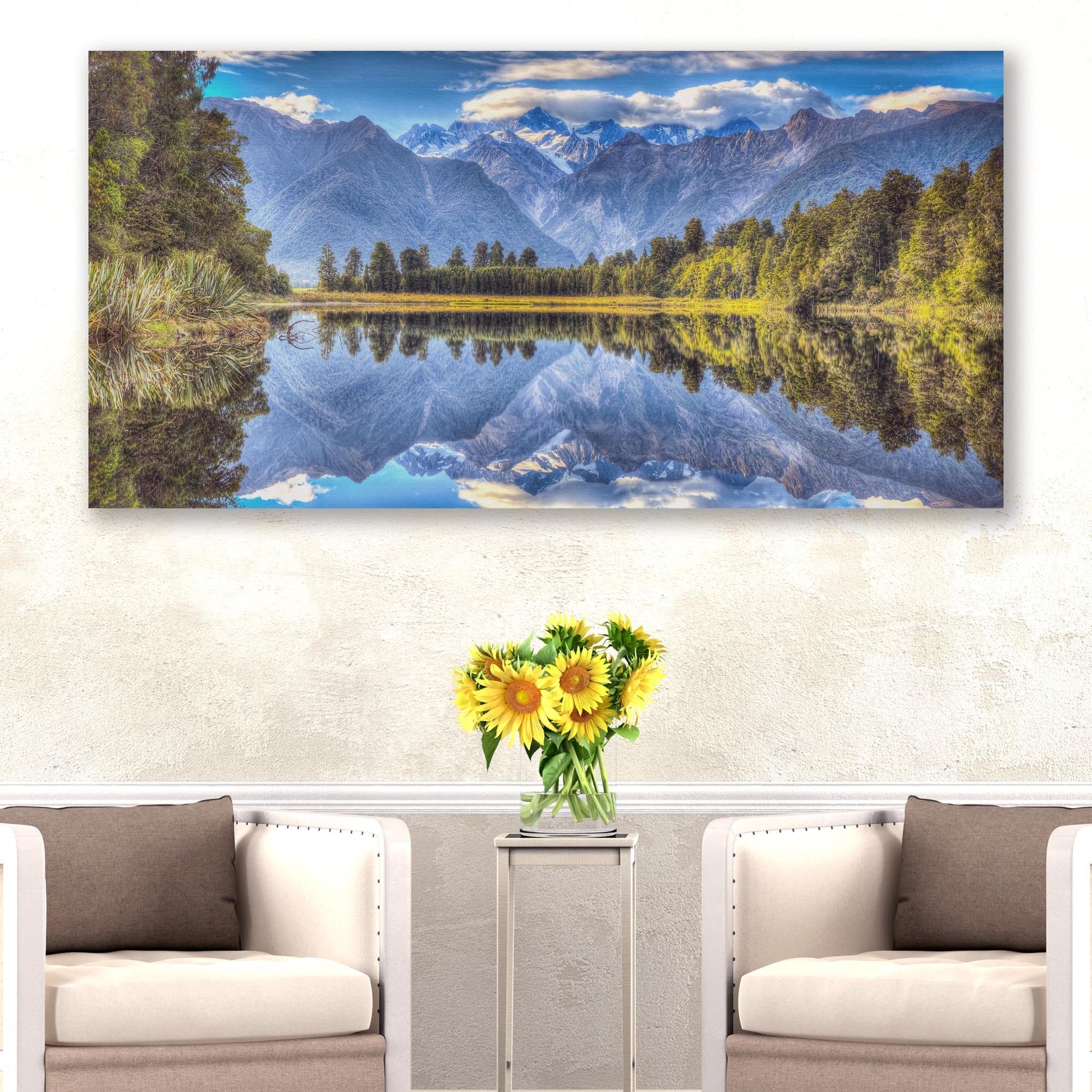 Mirror Lake Lake Matheson canvas wall art by Tailored Canvases, tranquil mountain lake landscape on canvas on Tampa Home & Garden Store