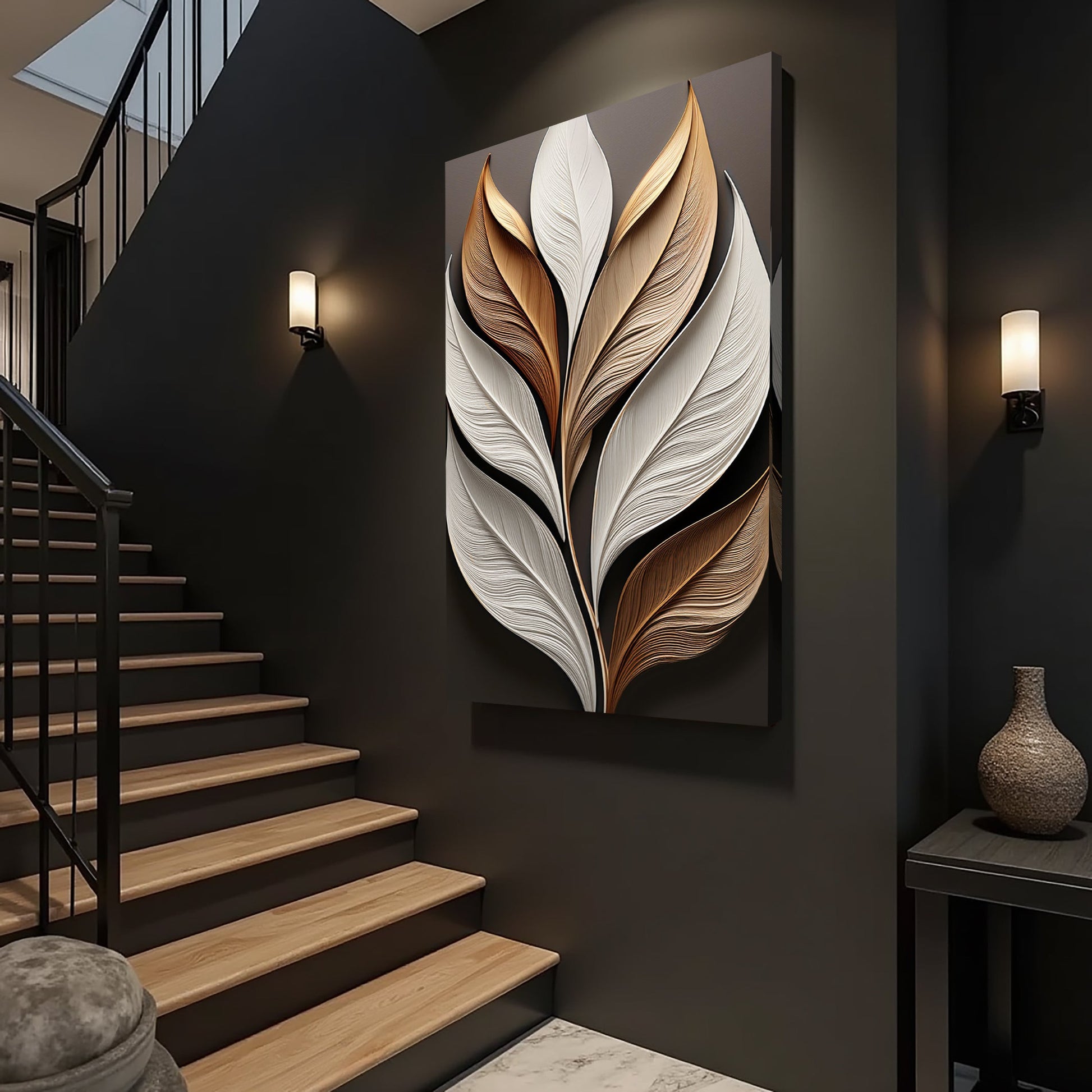 Elegant 3D leaf wall art canvas with layered white beige brown leaves by Tailored Canvases on Tampa Home & Garden Store
