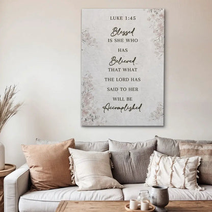 Canvas wall art Blessed Is She Who Has Believed with pastel floral border Tailored Canvases on Tampa Home & Garden Store