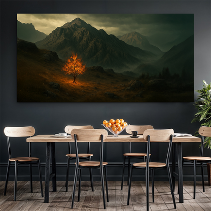 Burning Bush Faith Wall Art V canvas by Tailored Canvases; fiery orange tree amid moody mountains on Tampa Home & Garden Store