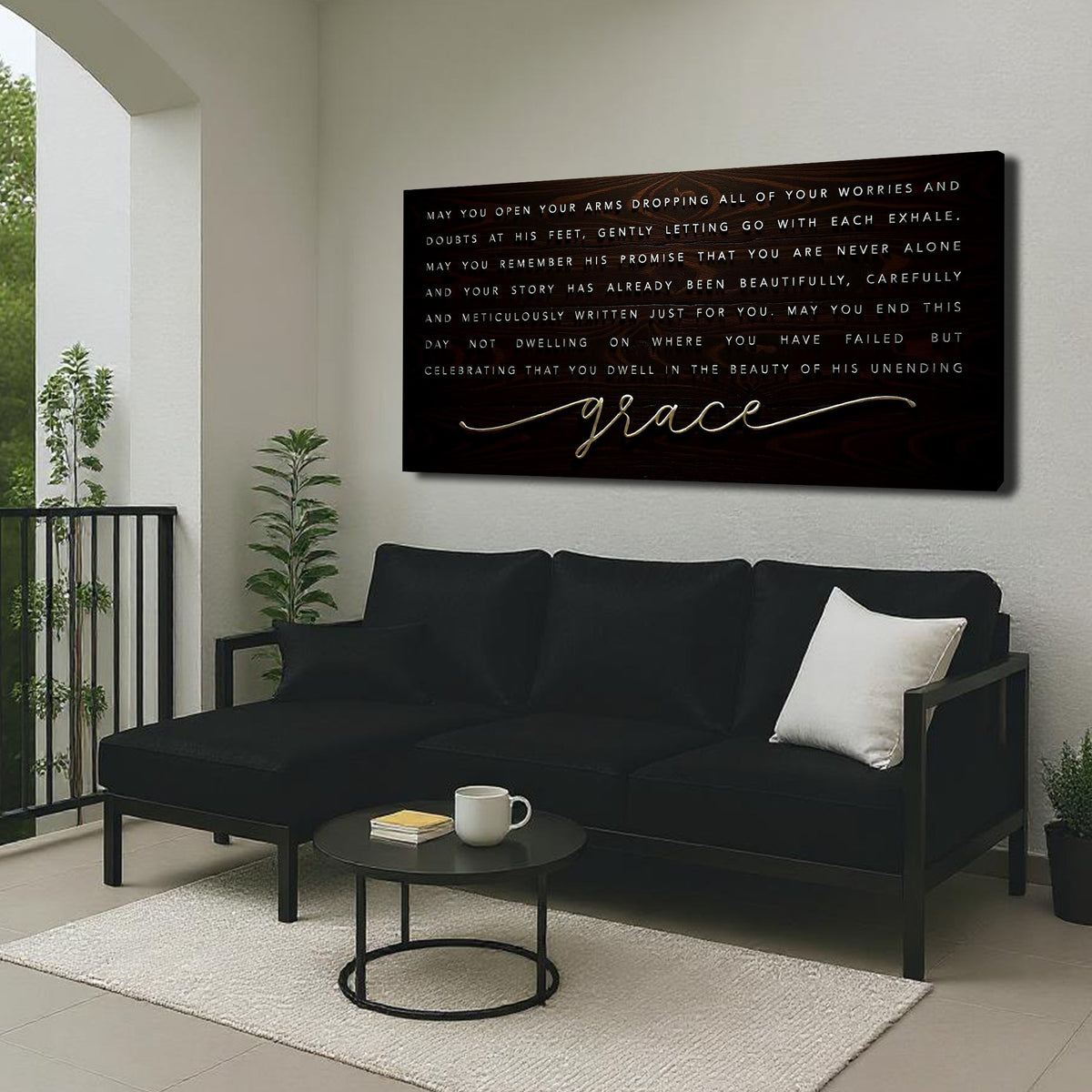Unending Grace Faith Sign IV canvas with dark wood texture and grace script above black sofa on Tampa Home & Garden Store