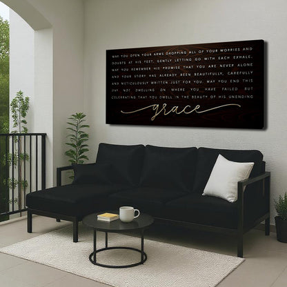 Unending Grace Faith Sign IV canvas with dark wood texture and grace script above black sofa on Tampa Home & Garden Store