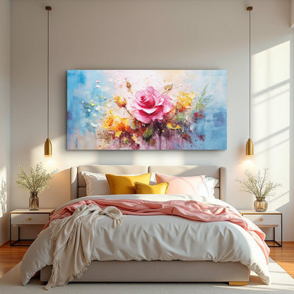 Rose Flower Wall Art canvas with pink rose and yellow accents on a blue background above a bed on Tampa Home & Garden Store