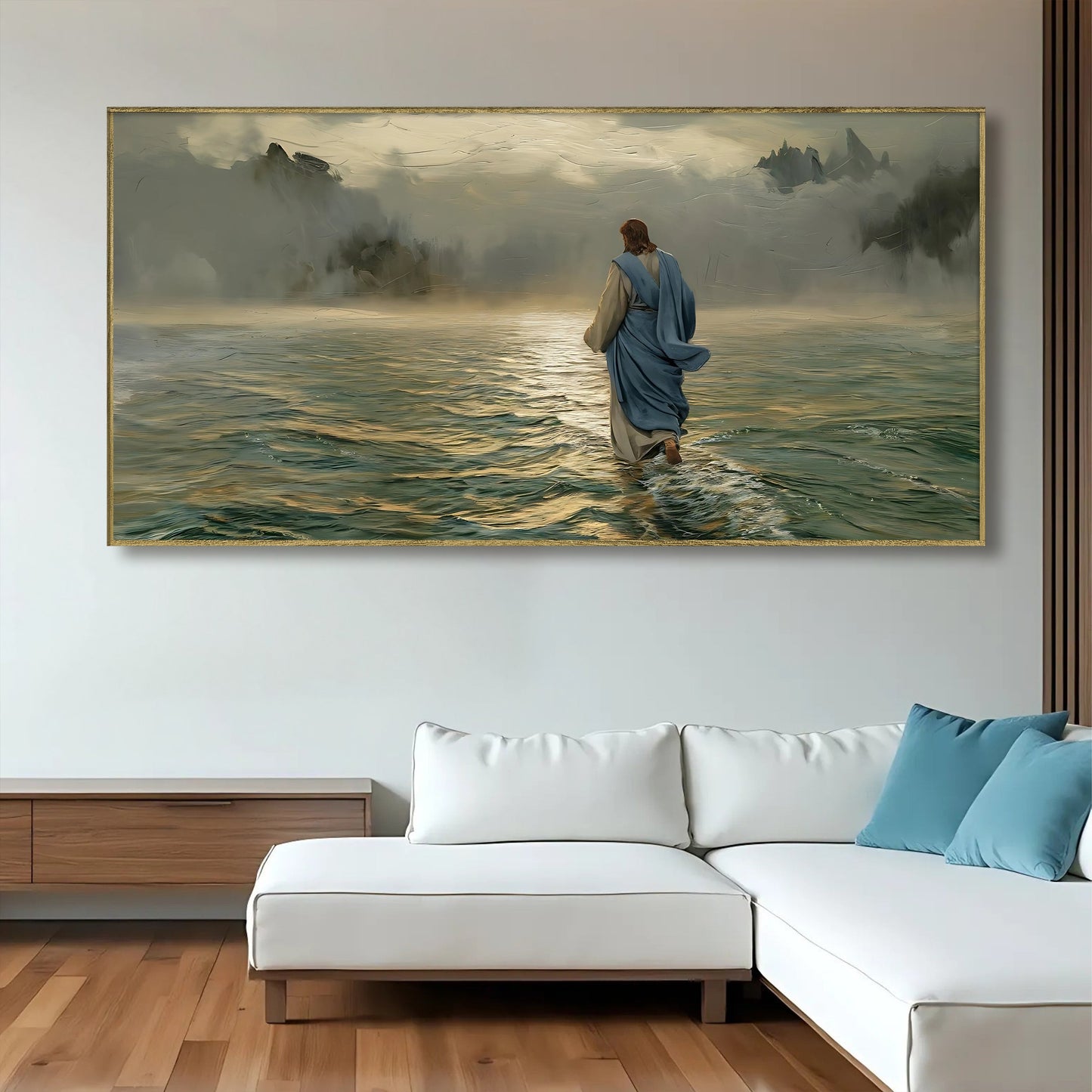 Walking on Water Faith Wall Art VI canvas of robed figure walking on water to misty peaks on Tampa Home & Garden Store