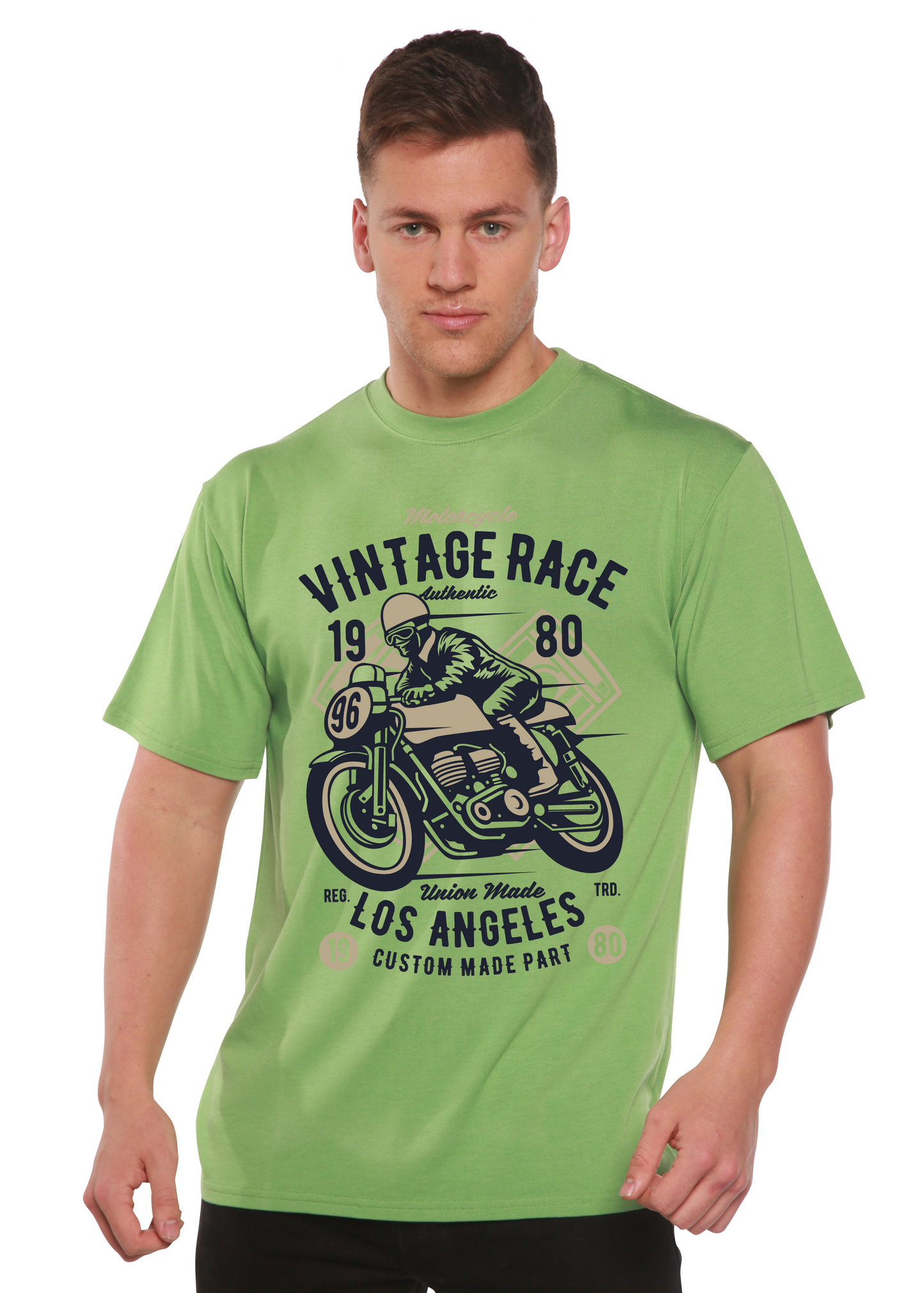 Vintage Race Spun Bamboo green men's short sleeve graphic tee with motorcycle print on Tampa Home & Garden Store