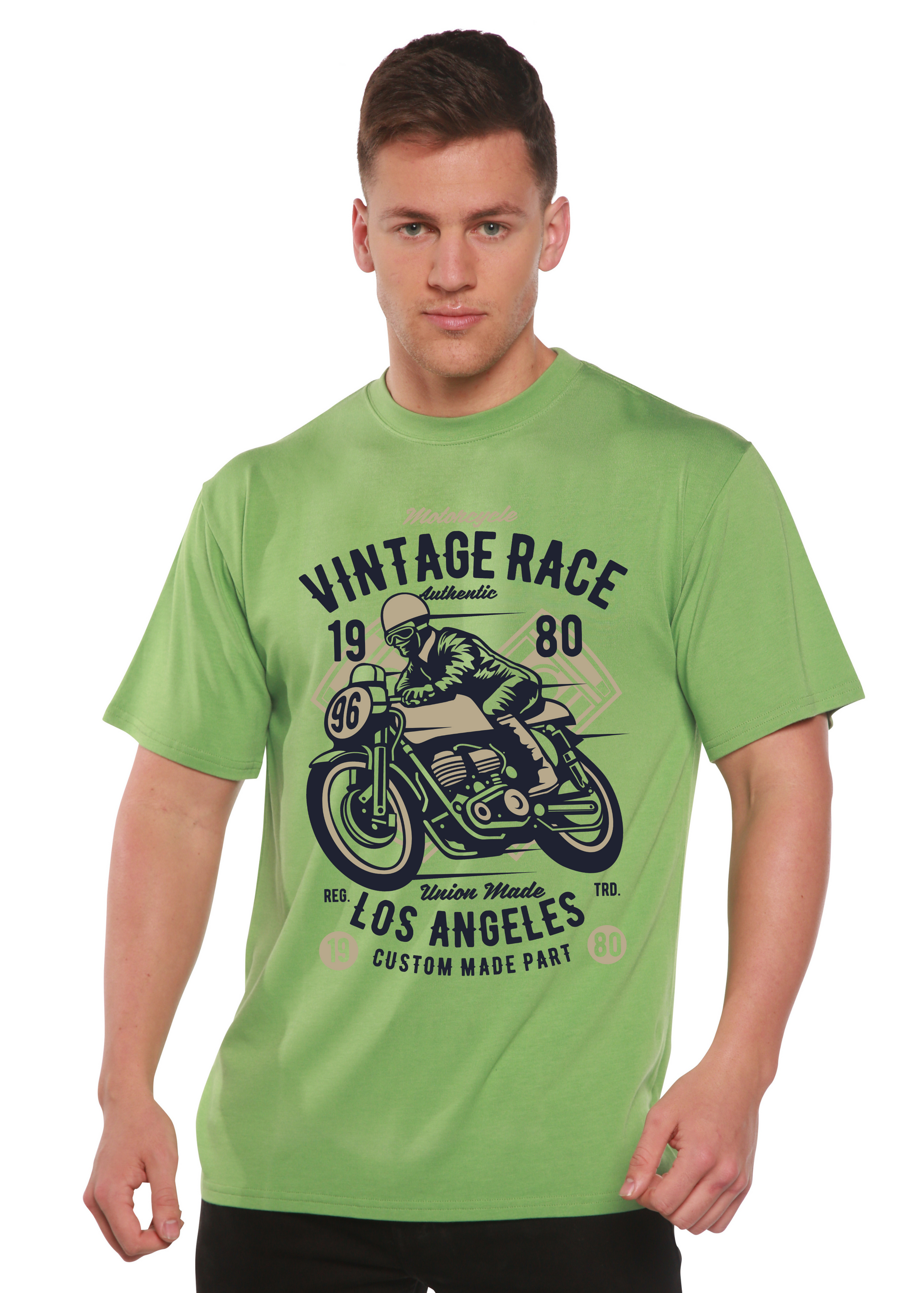 Vintage Race Spun Bamboo green men's short sleeve graphic tee with motorcycle print on Tampa Home & Garden Store