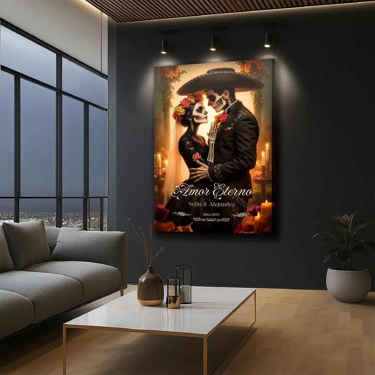 Personalized Eternal Love Halloween Sign canvas featuring Day of the Dead couple in wedding attire on Tampa Home & Garden Store