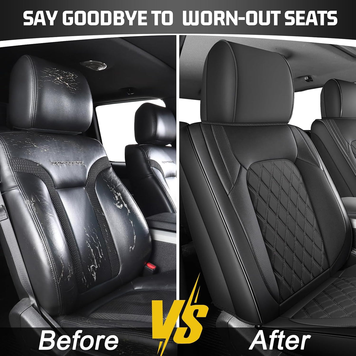 Umbrauto truck seat cover, black Nappa leather, waterproof; before/after worn vs refreshed seats on Tampa Home & Garden Store