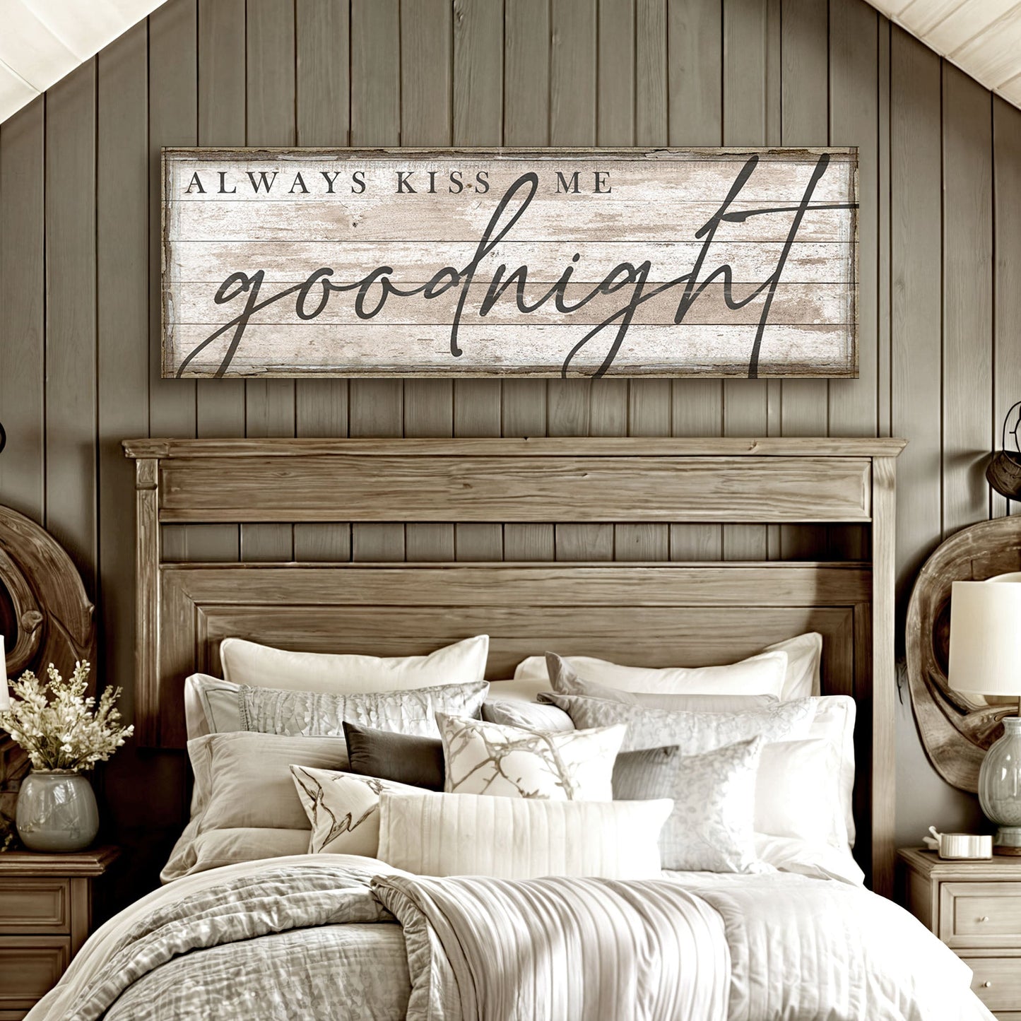 Always Kiss Me Goodnight Bedroom Sign II canvas by Tailored Canvases on rustic wood backdrop on Tampa Home & Garden Store