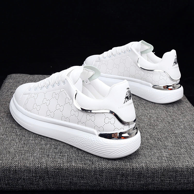 Stevvex white women's sneakers with thick sole, perforated upper, metallic heel counter on Tampa Home & Garden Store