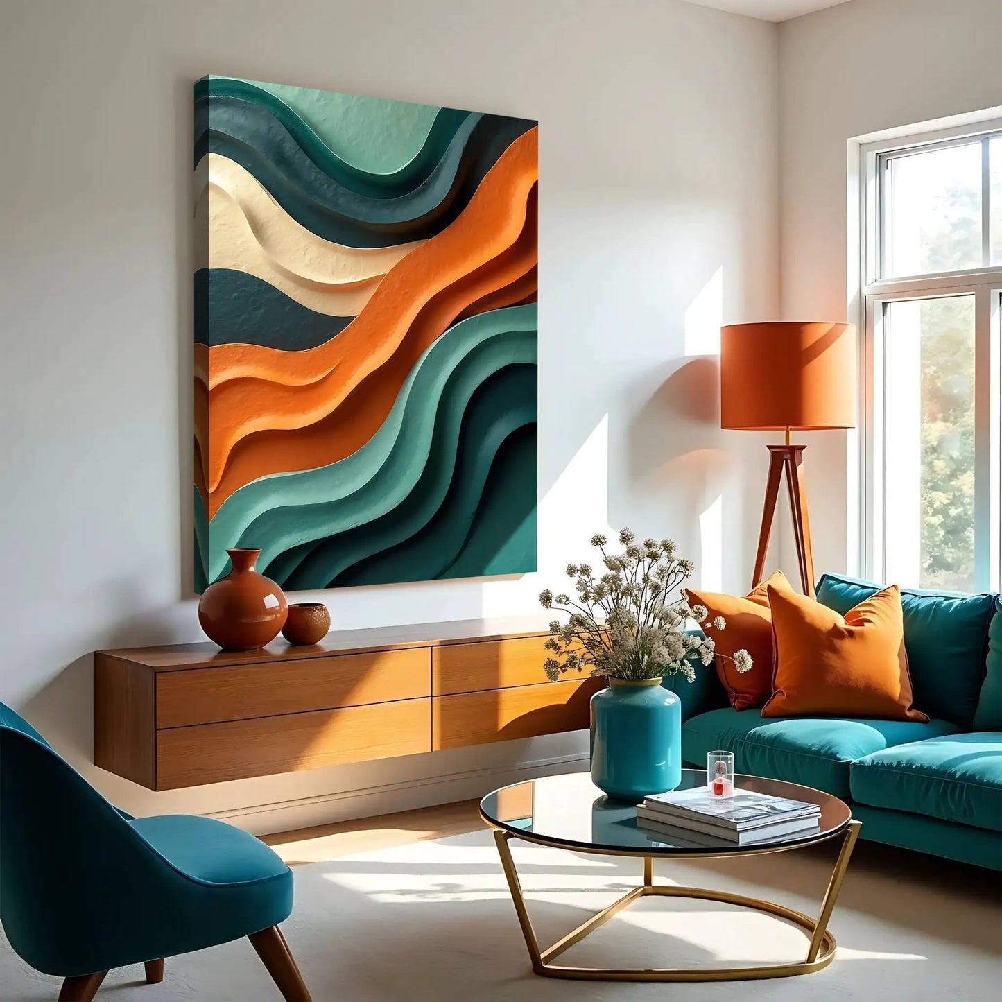 Wave Abstract Wall Art Canvas with teal, cream and orange waves over a wood console on Tampa Home & Garden Store