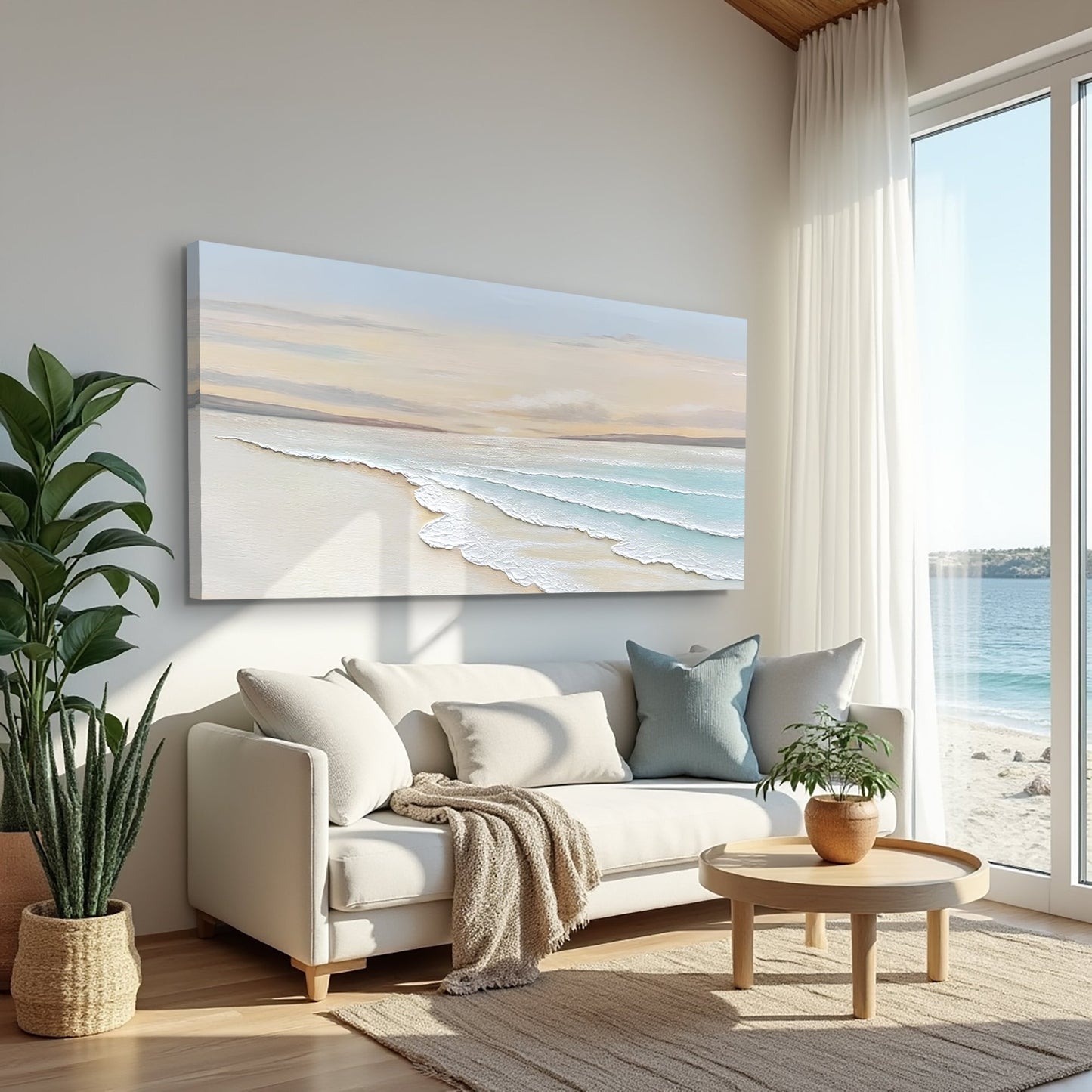 Serene Ocean Wave Coastal Wall Art IV canvas; panoramic beach scene in soft blues and sand tones on Tampa Home & Garden Store