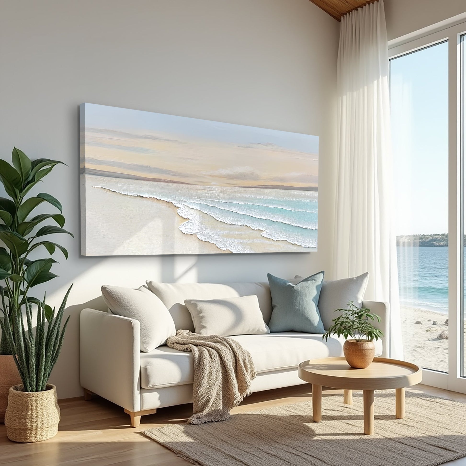 Serene Ocean Wave Coastal Wall Art IV canvas; panoramic beach scene in soft blues and sand tones on Tampa Home & Garden Store