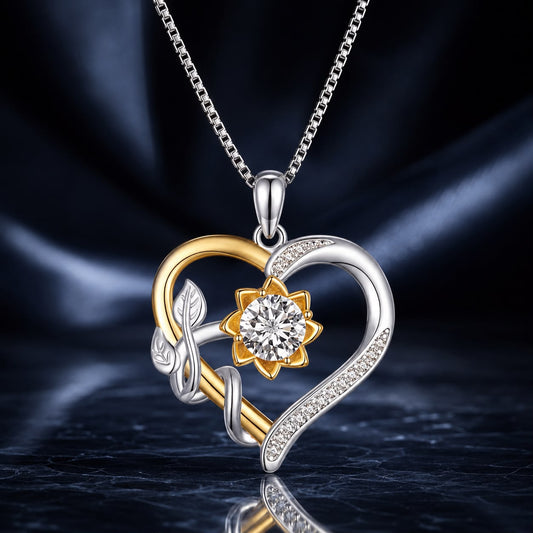 Necklace: 925 sterling silver plated gold moissanite pendant with pavé heart, intertwined loops on Tampa Home & Garden Store