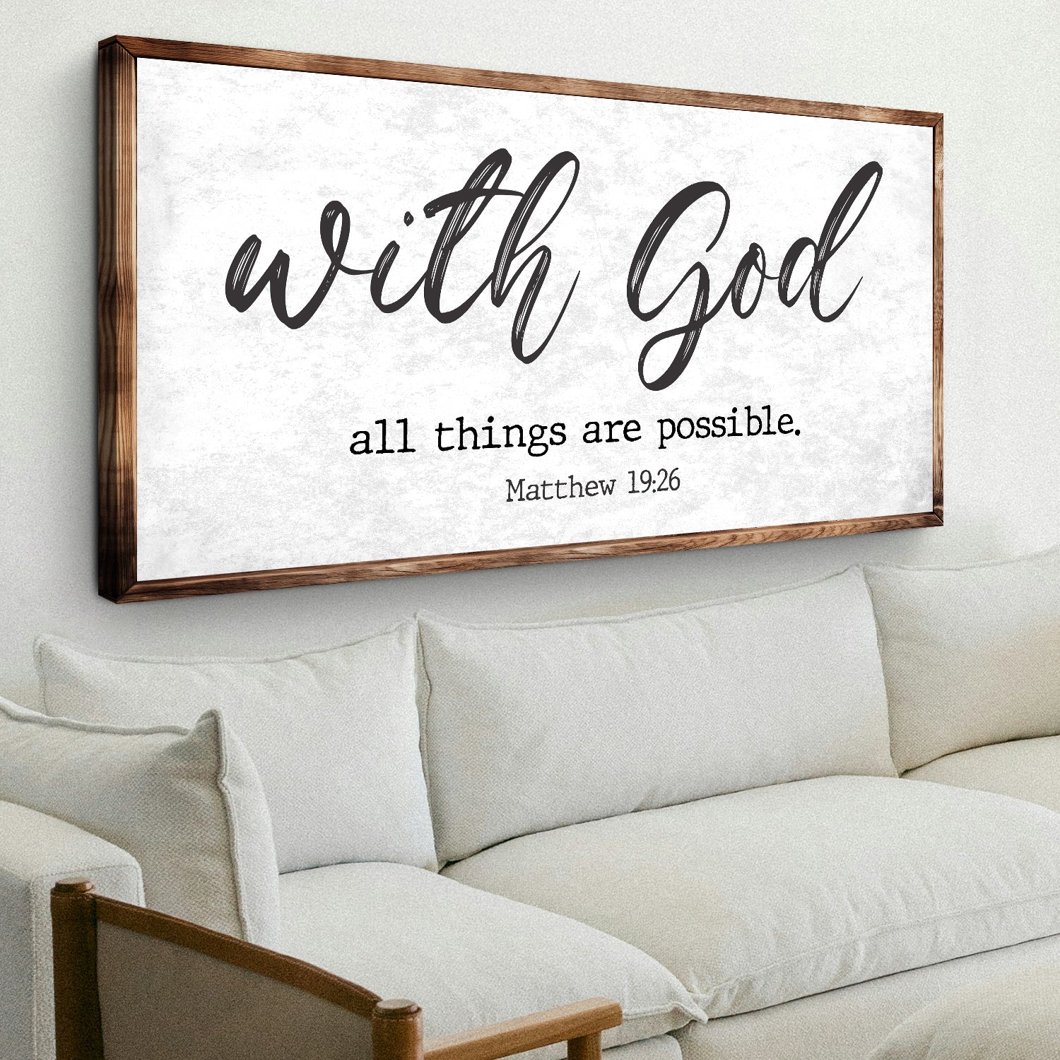Canvas Matthew 19:26 sign with God all things are possible black script on white Tailored Canvases on Tampa Home & Garden Store