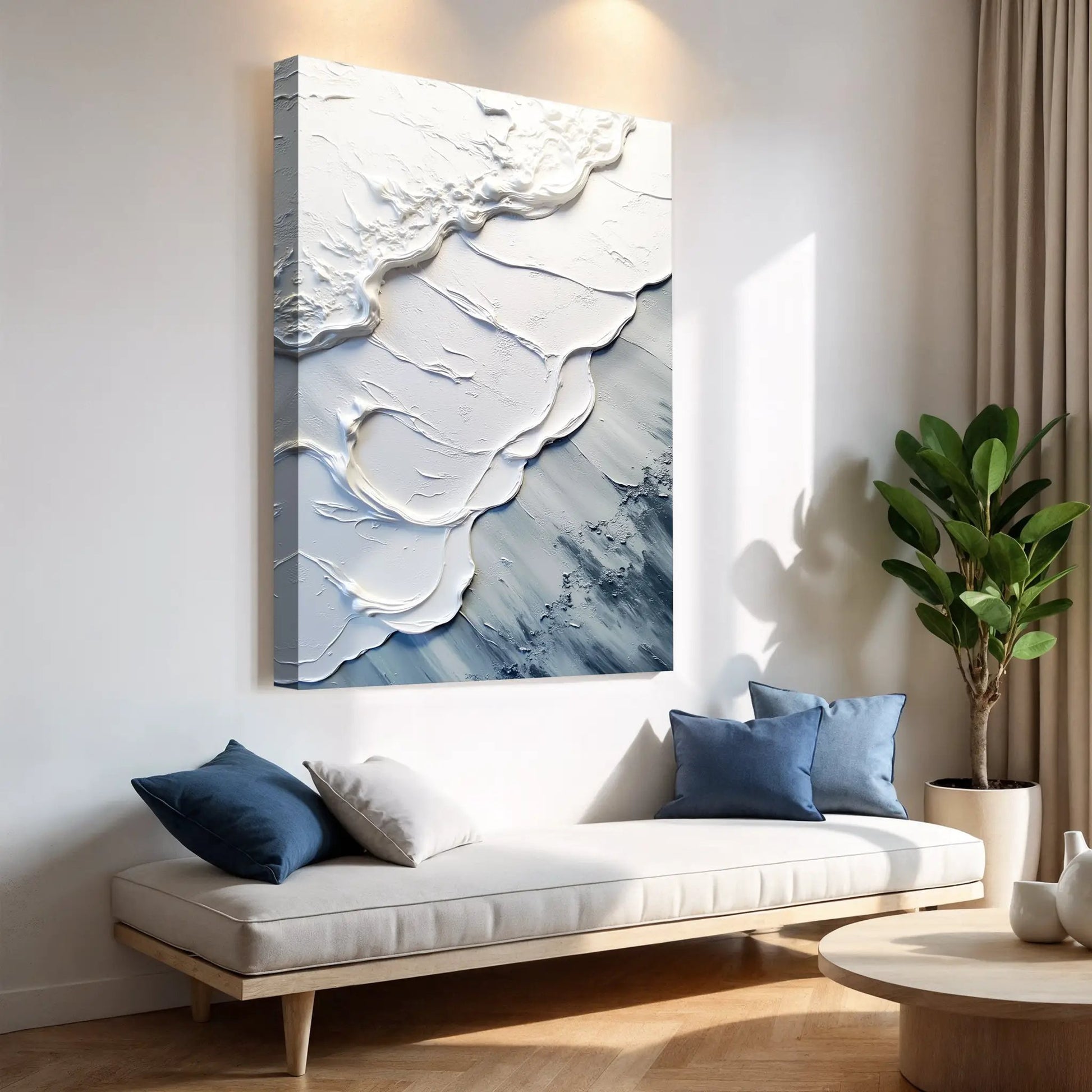 Abstract Minimalist Wave Wall Art II canvas, textured white-gray relief by Tailored Canvases on Tampa Home & Garden Store