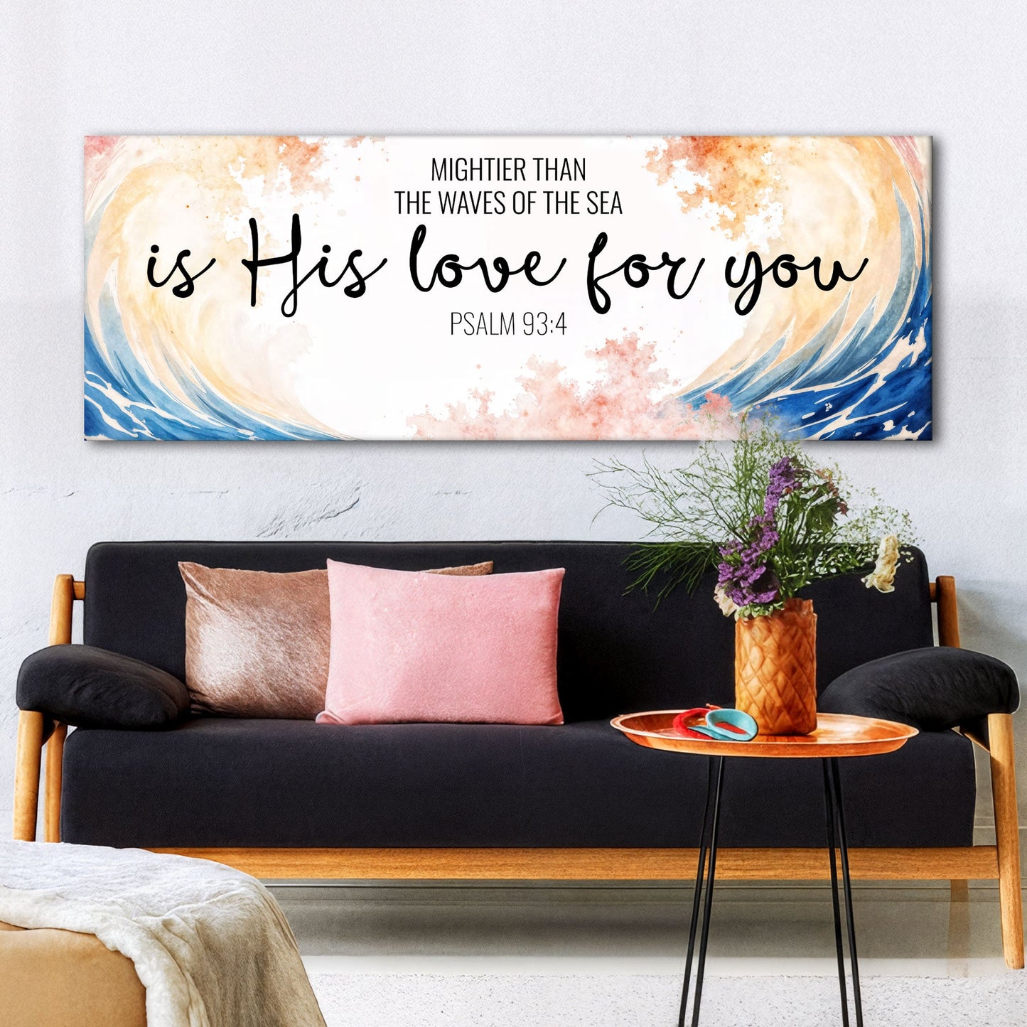 Mightier Than the Waves of the Sea Psalm 93:4 Faith Sign III canvas with watercolor blue and orange waves on Tampa Home & Garden Store