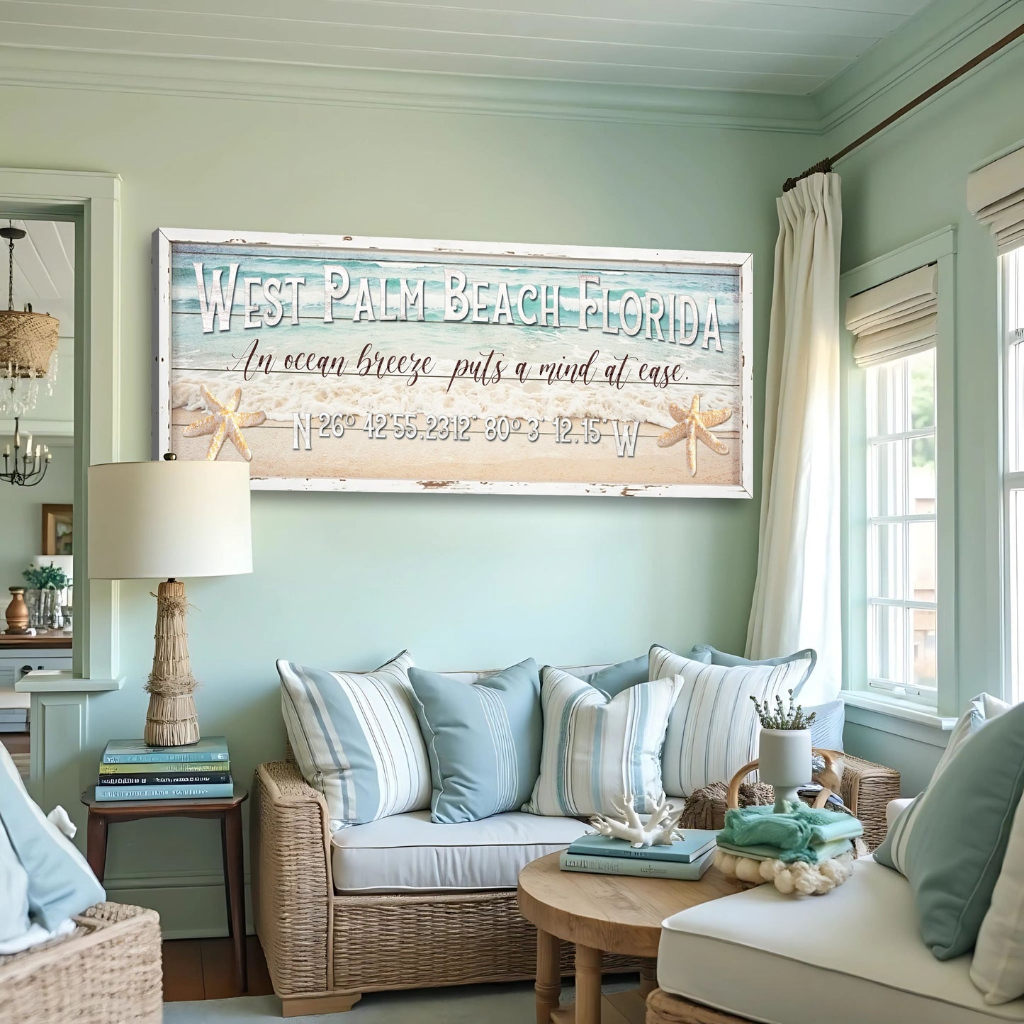 Personalized Beach House Coastal Sign canvas with weathered white frame, ocean scene and starfish on mint wall on Tampa Home & Garden Store