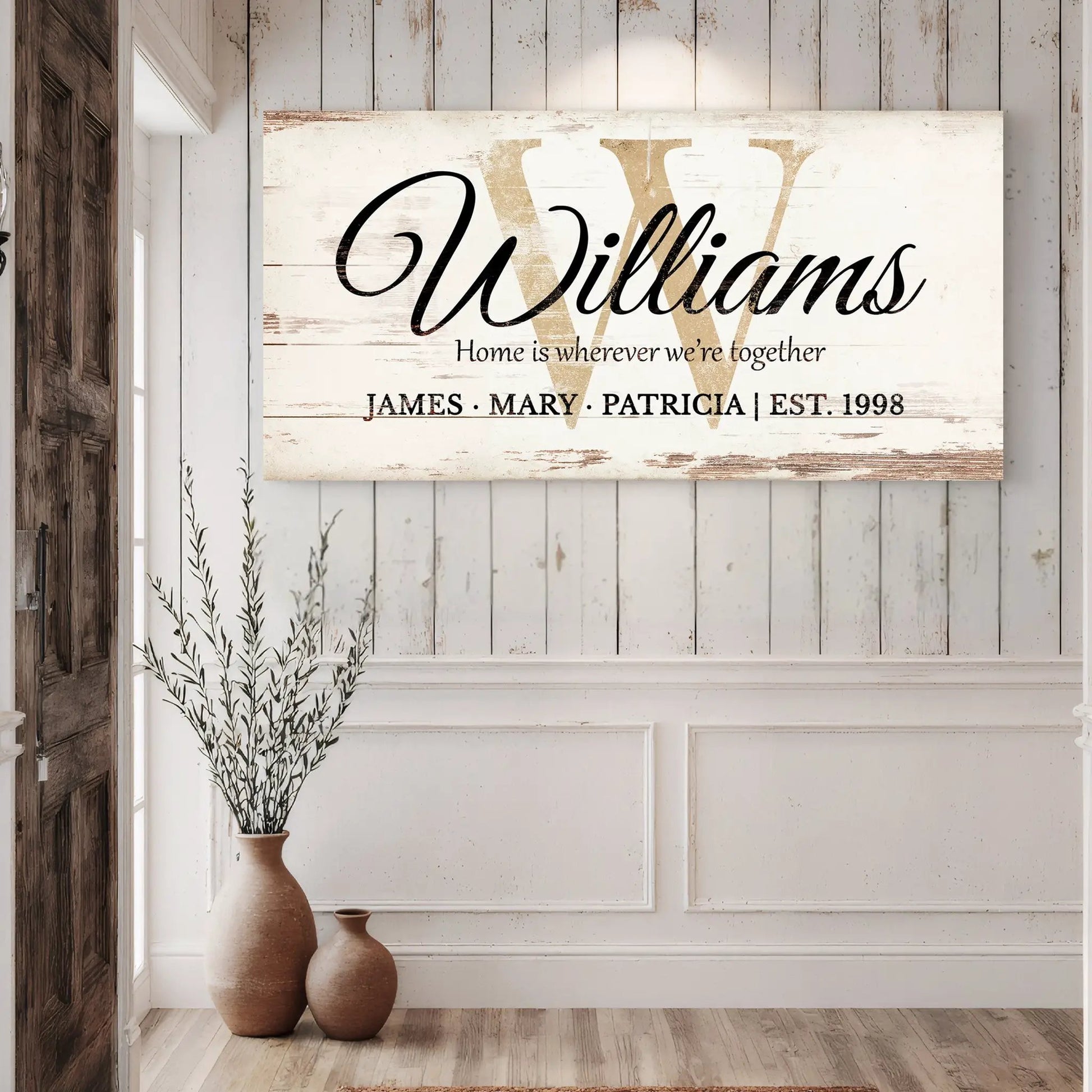 Personalized Family Sign XI canvas with gold W backdrop and Williams script on Tampa Home & Garden Store