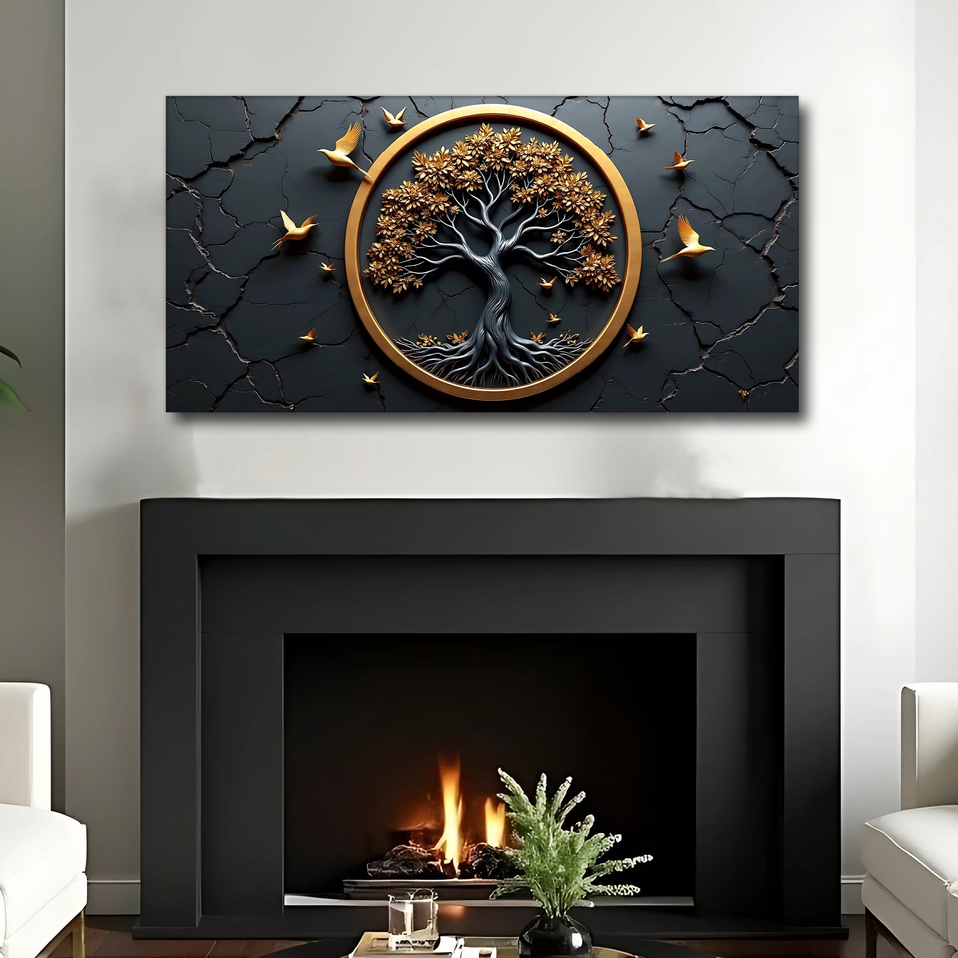 3D Celtic Tree of Life Wall Art IV canvas with gold frame and tree, birds on dark backdrop on Tampa Home & Garden Store