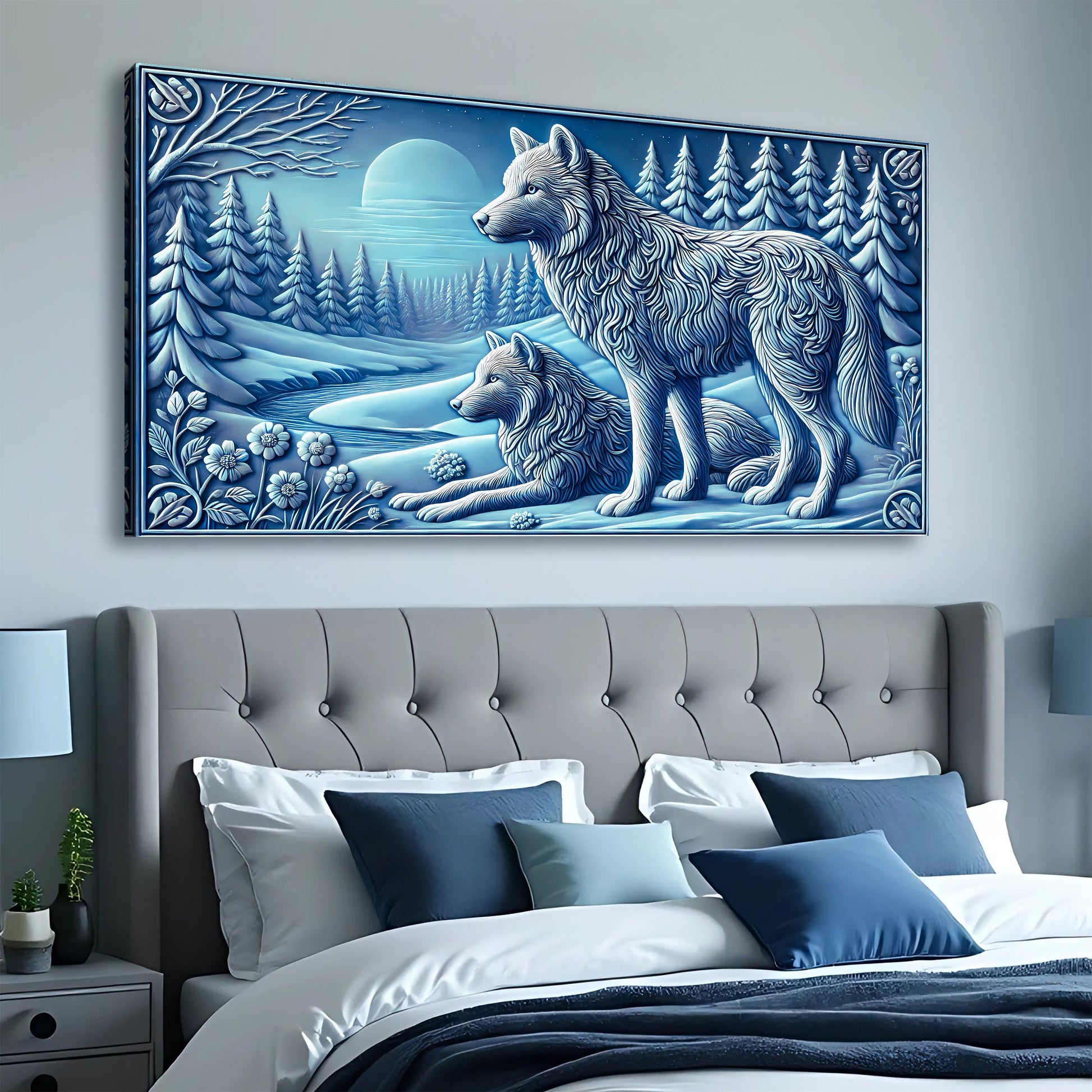 3D Wolves Wall Art VI canvas blue wolf relief in a snowy forest by Tailored Canvases on Tampa Home & Garden Store