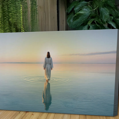 Reflections Faith Wall Art XVII canvas; robed figure at sunset on calm water with greenery on Tampa Home & Garden Store