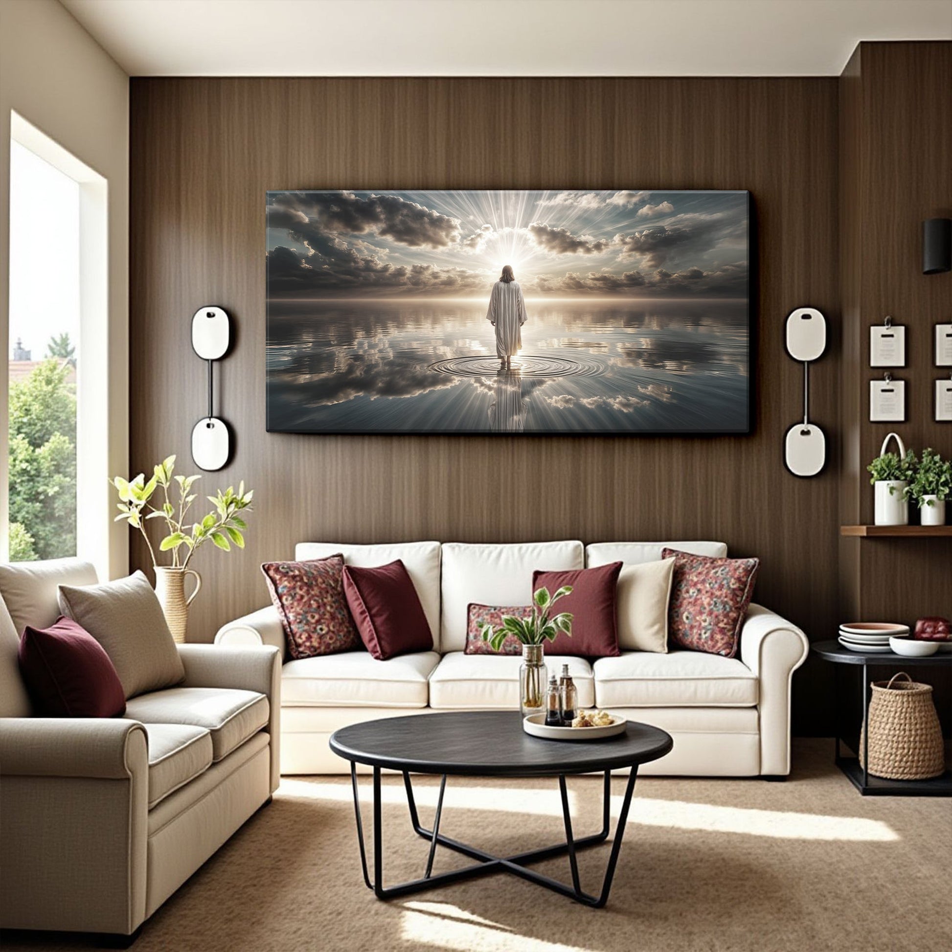 Walking on Water - Faith Wall Art III canvas by Tailored Canvases; serene figure walking on sunlit water amid clouds on Tampa Home & Garden Store