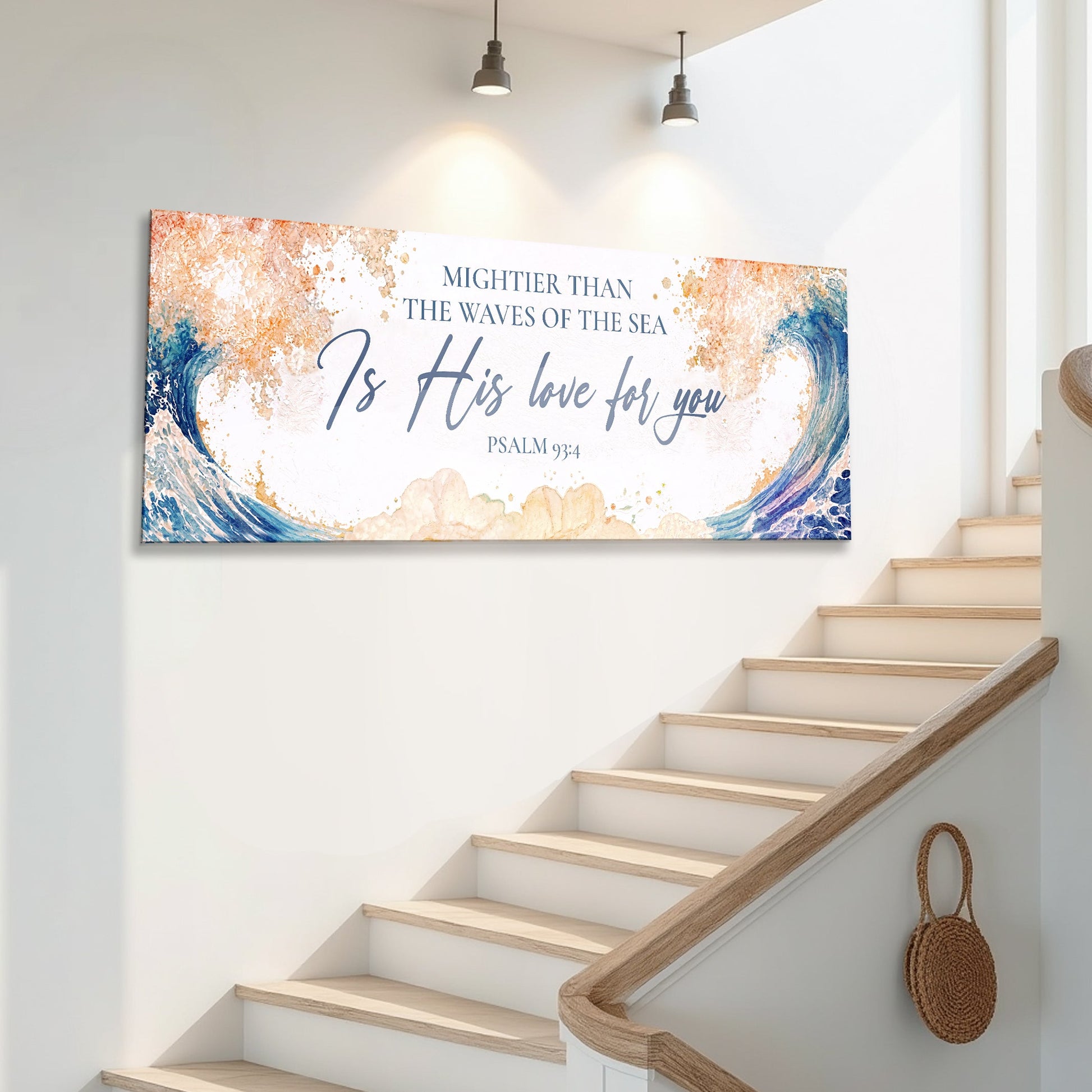 Faith sign canvas Mightier Than the Waves of the Sea with blue and orange waves on Tampa Home & Garden Store