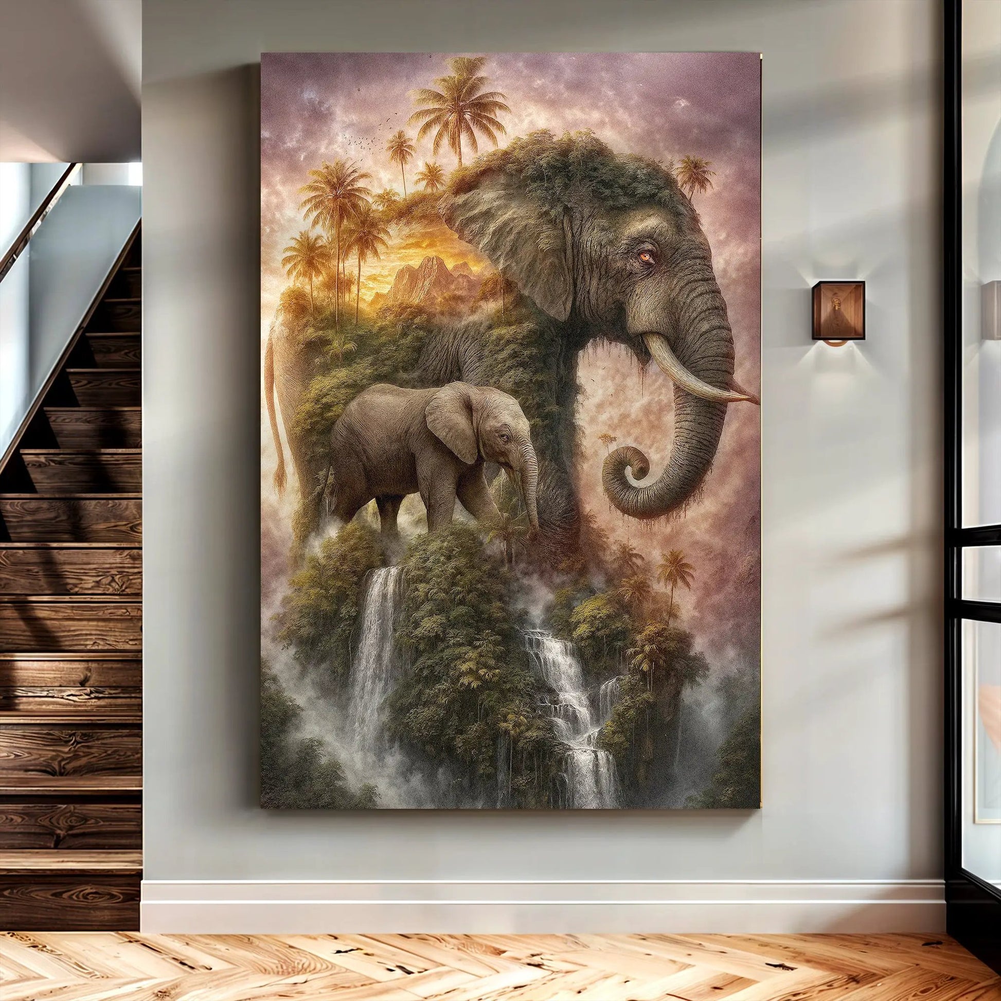 Elephant Jungle Majesty Canvas Tailored Canvases with elephants, palm trees and waterfall on Tampa Home & Garden Store