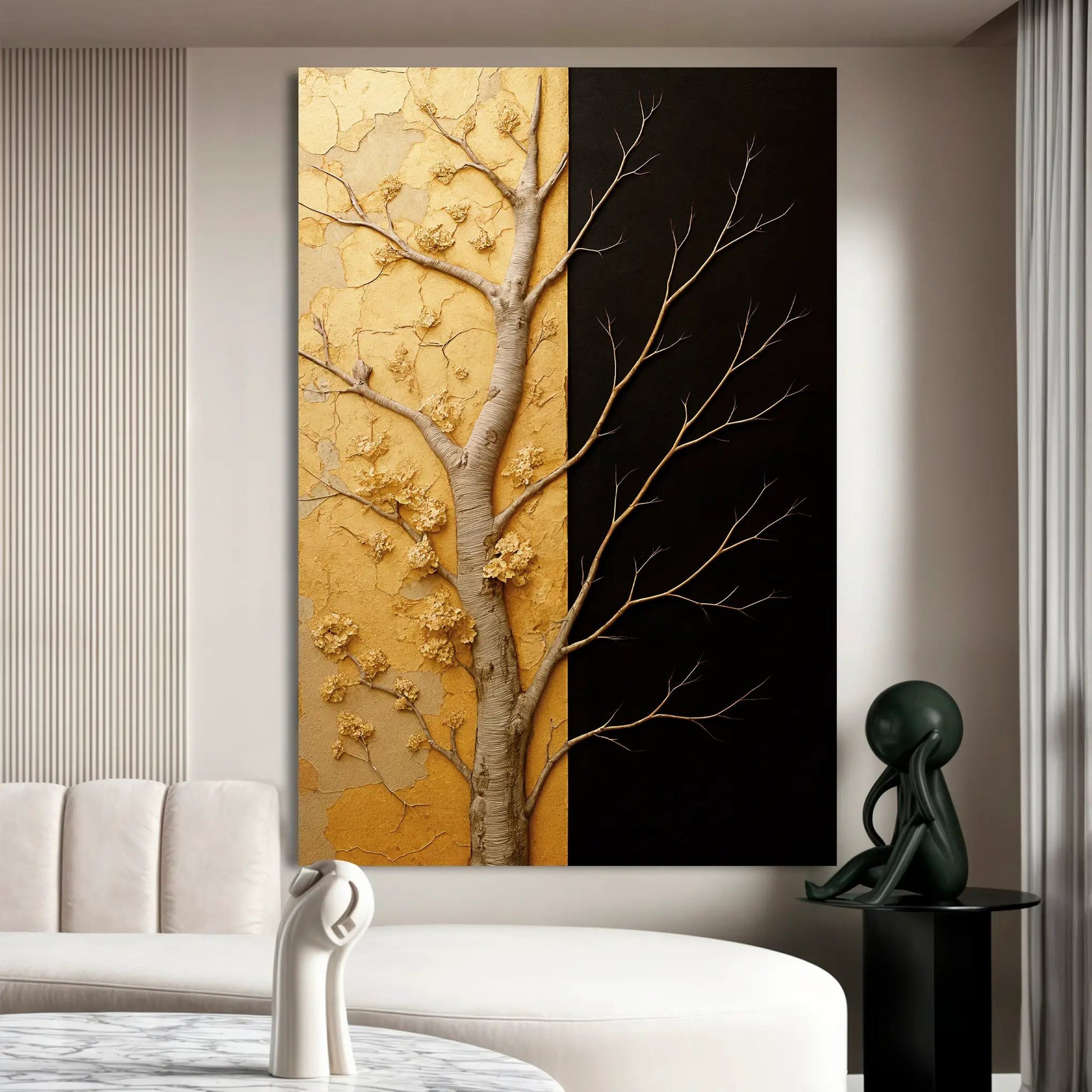 Golden Eclipse Wall Art canvas by Tailored Canvases with gold and black panels, tree motif on Tampa Home & Garden Store