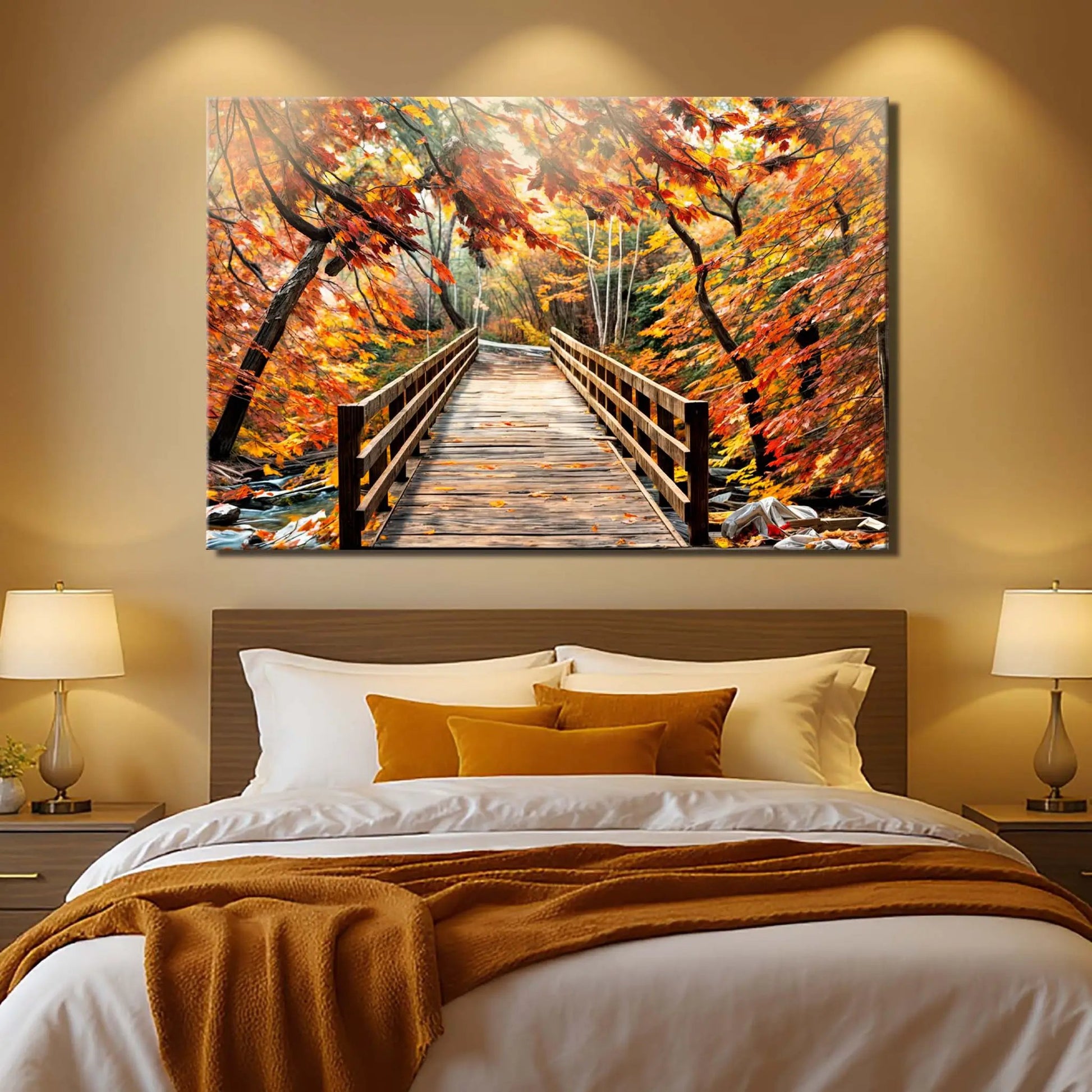 Crossing Autumn Wall Art canvas by Tailored Canvases, autumn forest with wooden bridge on Tampa Home & Garden Store