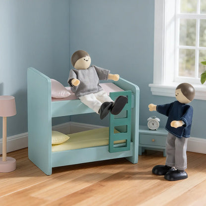 Dollhouse bedroom in teal by Tiny Land INC; two wooden dolls on bed and by dresser with clock on Tampa Home & Garden Store