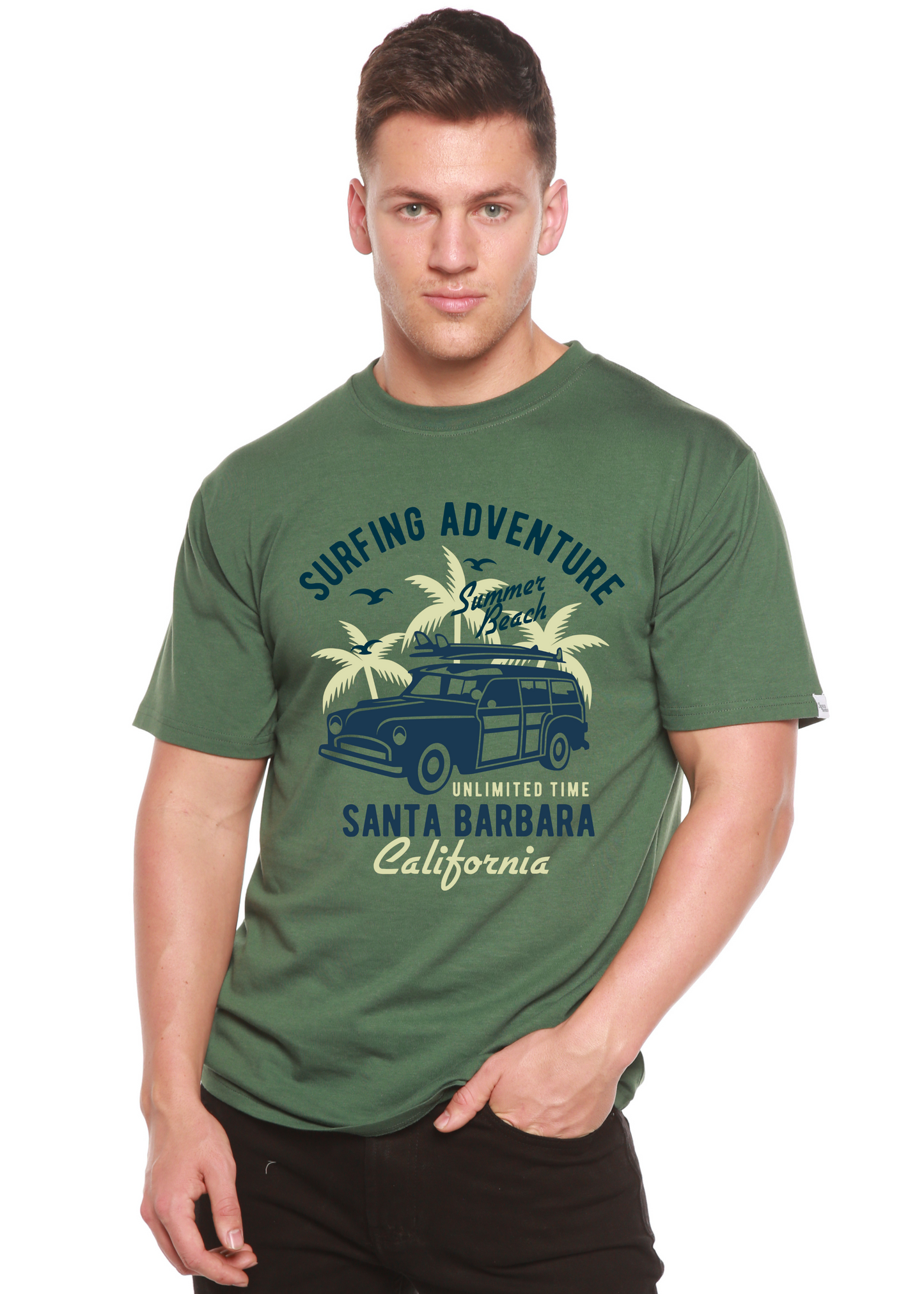 Men's Spun Bamboo Surfing Adventure graphic T-shirt in green with palm trees and vintage van print on Tampa Home & Garden Store