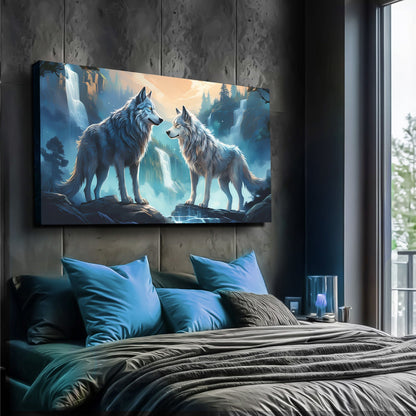 3D Wolves Wall Art IV canvas by Tailored Canvases, two blue wolves on rocky ledge on Tampa Home & Garden Store