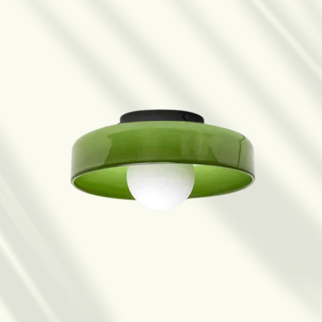 Modern LED Ceiling Light by Moktan Sabai with green circular shade and white globe bulb on Tampa Home & Garden Store