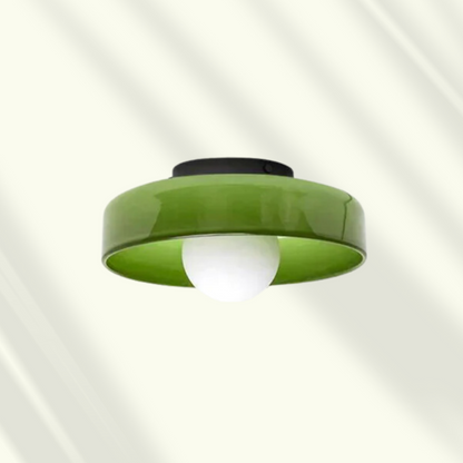 Modern LED Ceiling Light by Moktan Sabai with green circular shade and white globe bulb on Tampa Home & Garden Store