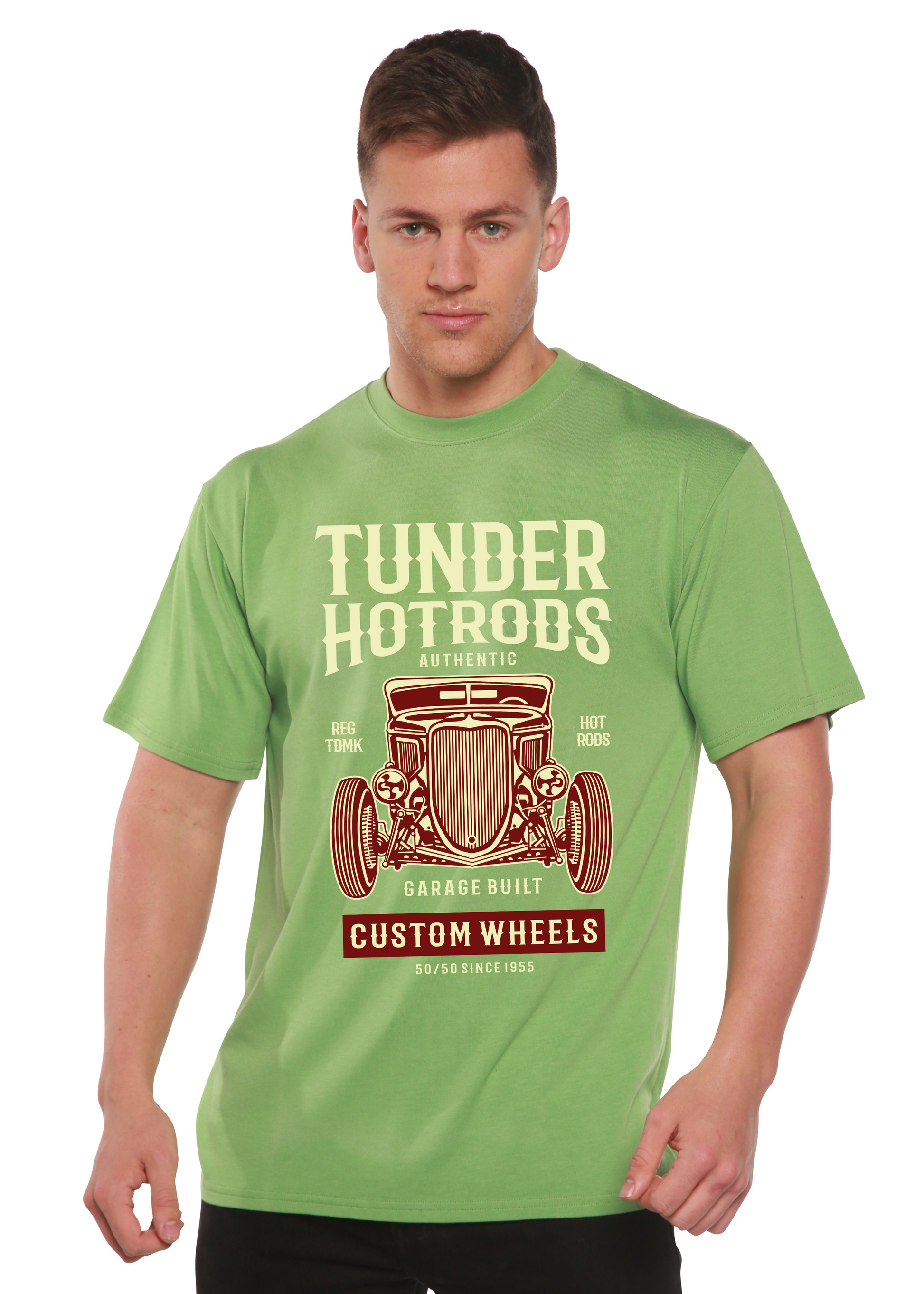 Mens green Thunder Hotrods Tshirt by Spun Bamboo bamboo viscose/organic cotton short sleeve on Tampa Home & Garden Store