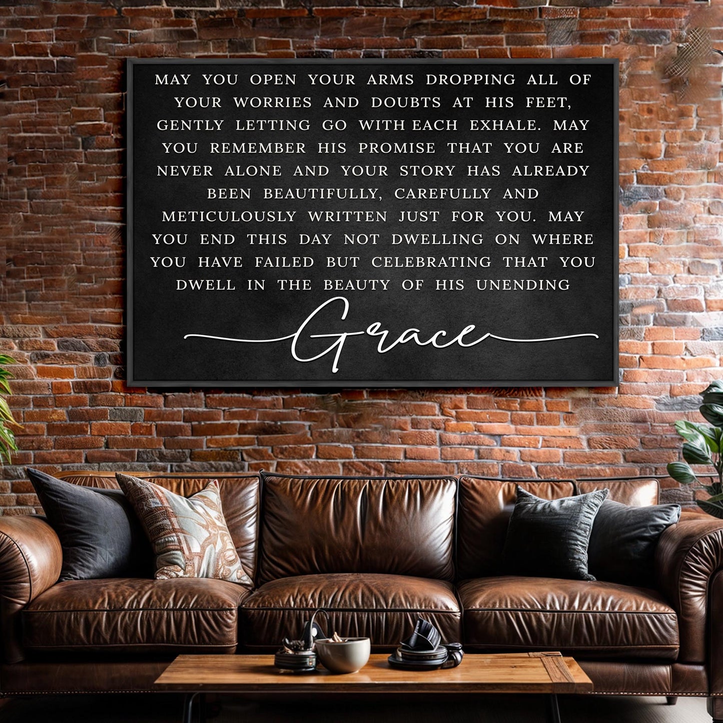 Unending Grace Faith Sign canvas with white text on black, framed on brick wall on Tampa Home & Garden Store