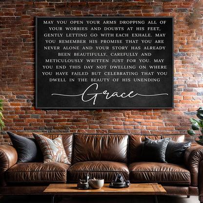 Unending Grace Faith Sign canvas with white text on black, framed on brick wall on Tampa Home & Garden Store