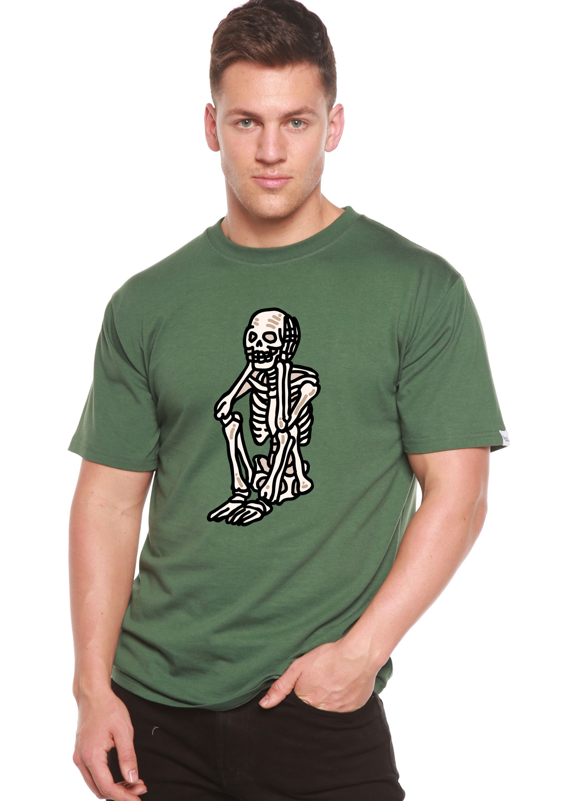 Green bamboo viscose/organic cotton skeleton graphic tee with sad skeleton design by Spun Bamboo on Tampa Home & Garden Store