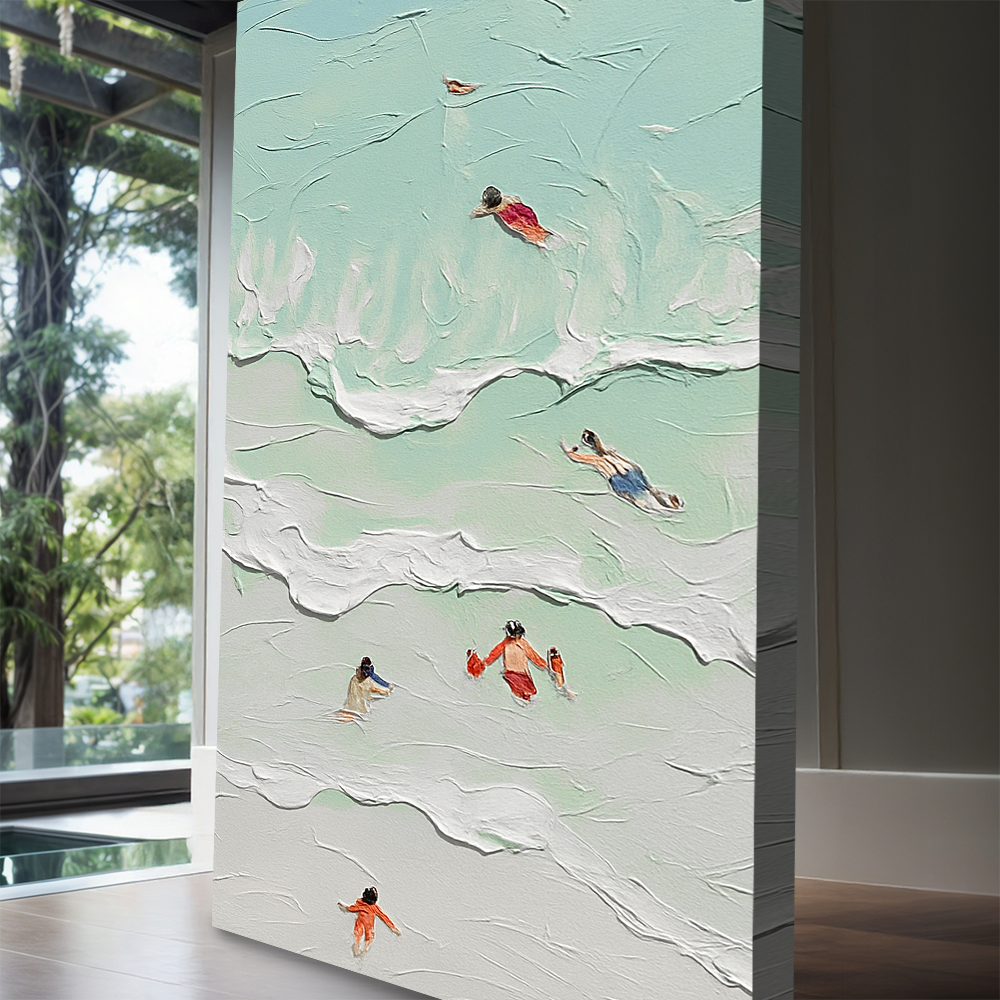 Beach Days Wall Art XXIII canvas with textured aqua waves and swimmers Tailored Canvases on Tampa Home & Garden Store