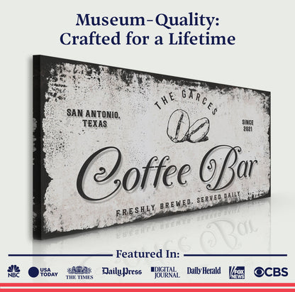 Canvas Coffee Bar Sign IV by Tailored Canvases in a monochrome distressed vintage style on Tampa Home & Garden Store
