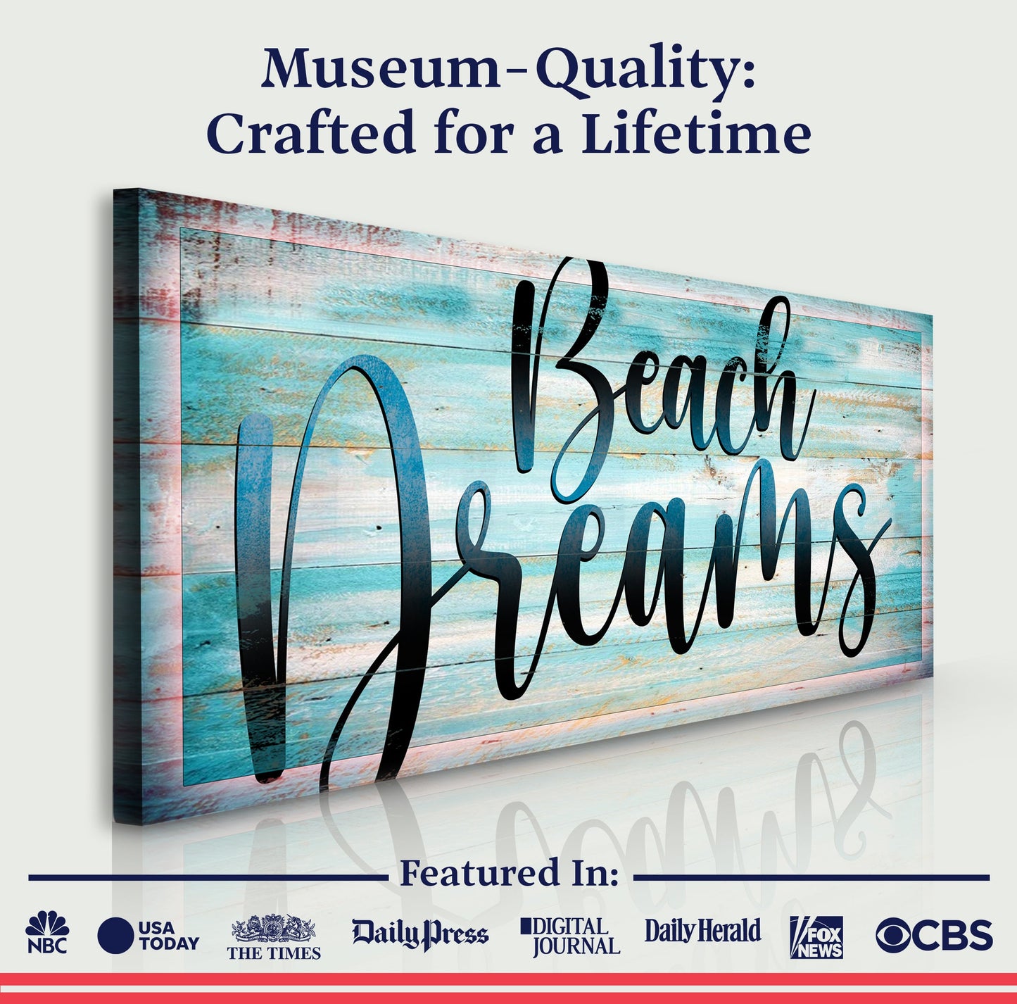 Beach Dreams Sign II canvas Tailored Canvases, blue wood plank sign on crafting canvas on Tampa Home & Garden Store